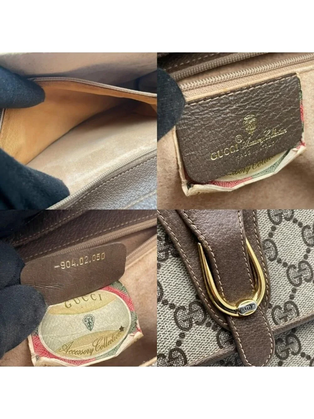 Gucci Shoulder Bag Crossbody Vintage GG Plus Leather Gray Brown Gold Simple